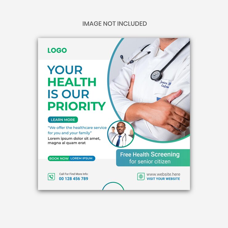 Flier de atención médica en las redes sociales, banner de promoción web y plantilla de Instagram