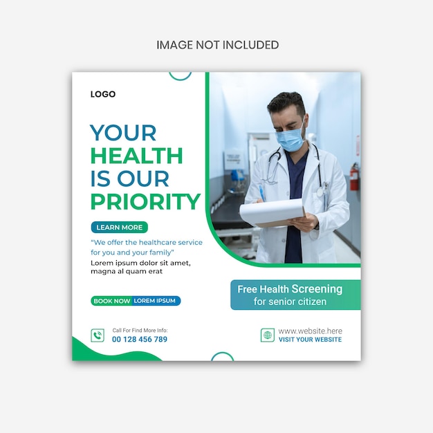 Flier de atención médica en las redes sociales, banner de promoción web y plantilla de Instagram