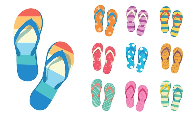 Flip flops conjunto vectorial plano Ilustración de flip flops coloridos en estilo de dibujos animados Concepto de verano