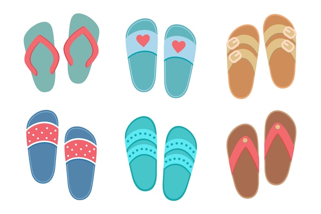 Flip flops set colección de zapatos femeninos coloridos lindos para el diseño de verano Ilustración de dibujos animados vectoriales