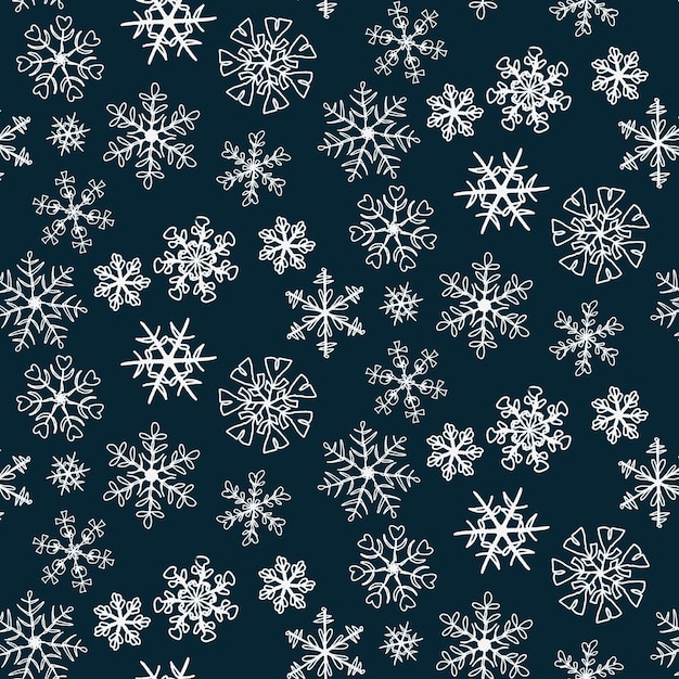 Flocos de nieve blancos de fondo vector de elegancia de Navidad patrón sin costuras con pequeños flocos de Nieve en fondo oscuro texturas de vacaciones de invierno Repite el diseño para papeles de pared envolviendo textil de álbum de recortes