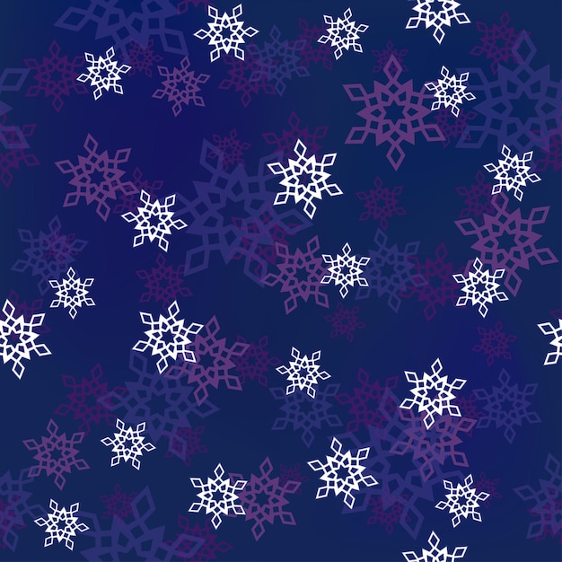Flocos de nieve blancos púrpuras sobre un fondo azul oscuro patrón sin costuras con nieve irregular estado de ánimo de invierno