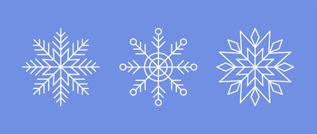 Flocos de nieve blancos sobre fondo azul Editable Iconos aislados de invierno en silueta Cristales de nieve Estilo de línea simple Ilustración vectorial