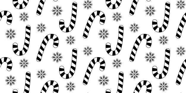 Flocos de nieve de caña de caramelo patrón sin costuras negro y blanco Navidad o año nuevo idea de textura de fondo