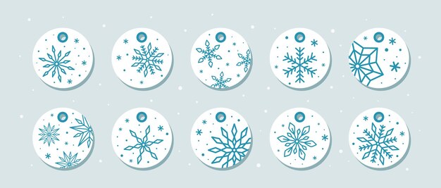 Flocos de nieve en etiquetas de regalo azules Etiquetas de regalo de Navidad Vector plano Ilustración vectorial aislada eps 10
