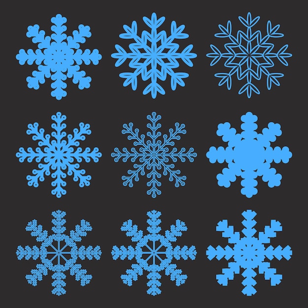 Flocos de nieve planos Formas de nieve de Navidad y cristales de floco de nieve fríos de invierno