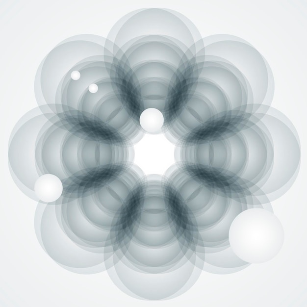 Flor abstracta de color gris hecha de círculos de fondo blanco.