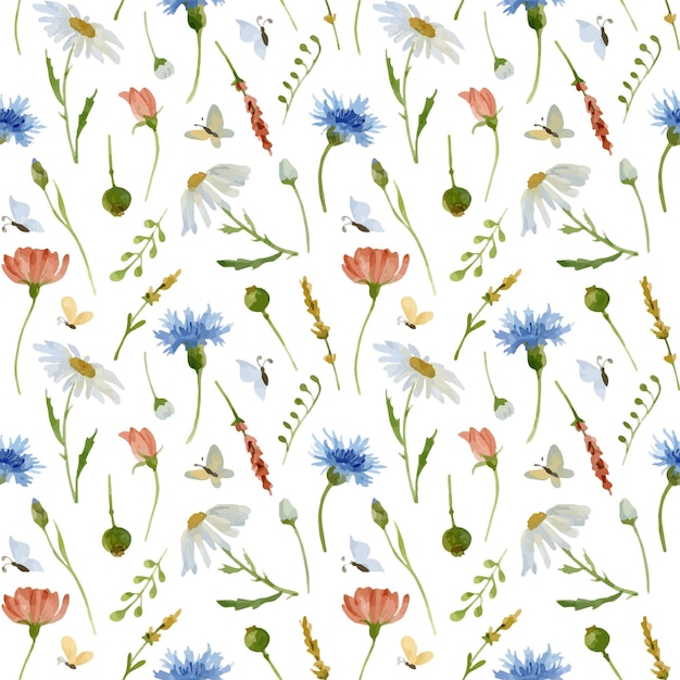 Flor Acuarela Patrón sin costuras Dibujado a mano Floral vector Fondo con diferentes plantas de pradera