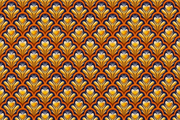 Flor amarilla en azul marino blanco naranja geométrico étnico oriental patrón tradicional diseño para fondo alfombra papel pintado ropa envoltura batik tela vector ilustración bordado estiloxa