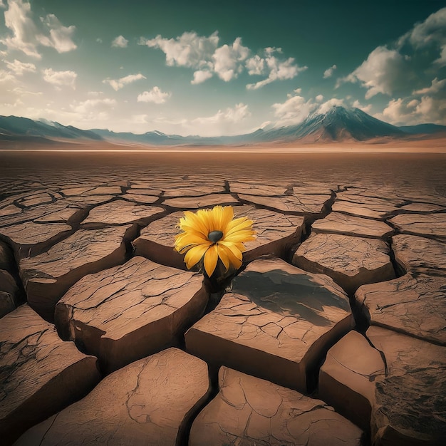 una flor amarilla está en el suelo en el desierto