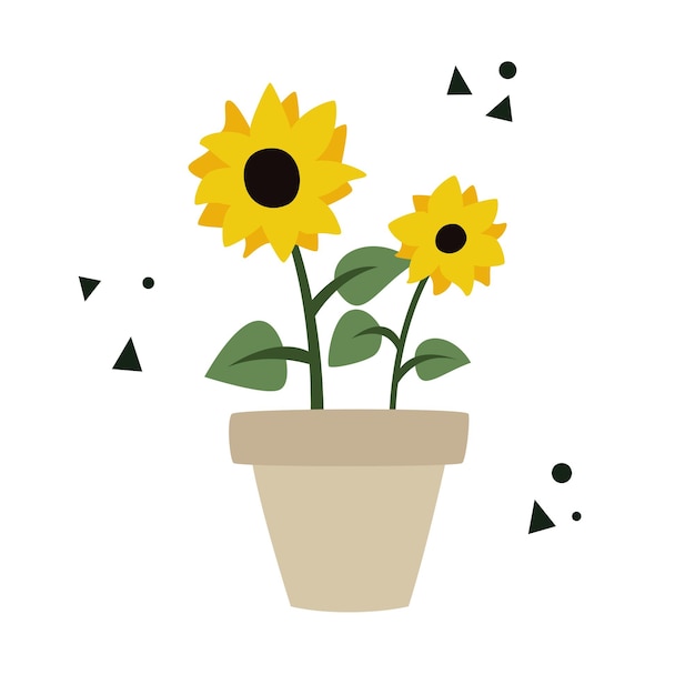 Vector flor amarilla de girasol en macetas. ilustración vectorial plana