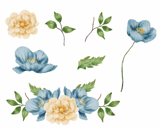 La flor de la anémona azul de acuarela vintage