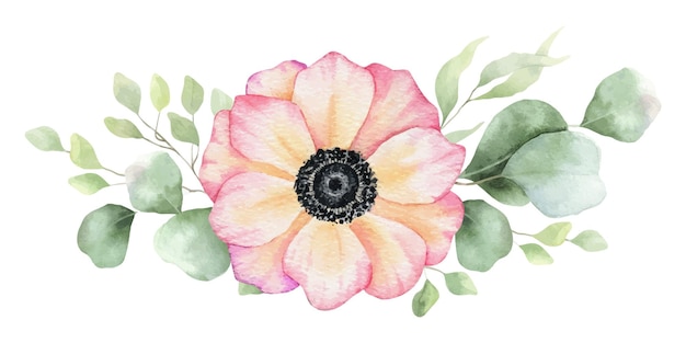 Flor de anemona rosada y hojas de eucalipto Ilustración de acuarela dibujada a mano aislada Guirnalda floral de verano para invitaciones de boda Tarjetas textiles Empaque de bienes
