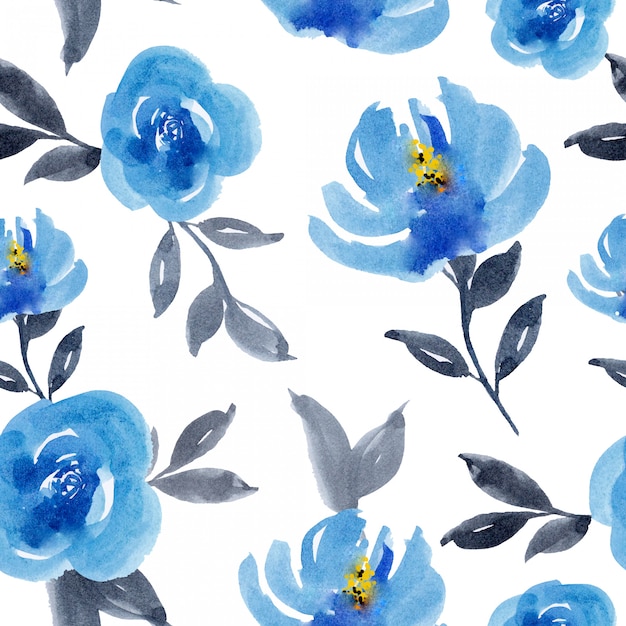 Flor azul acuarela patrón de diseño sin costuras