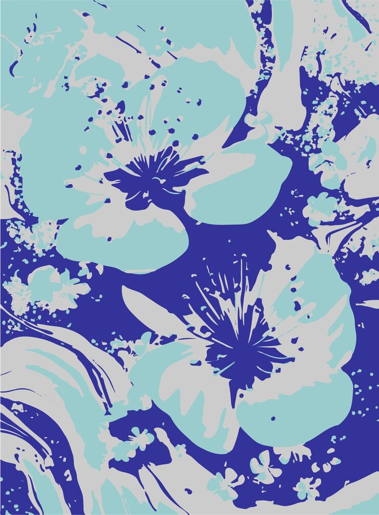 una flor azul y blanca se muestra con flores azules y blancas