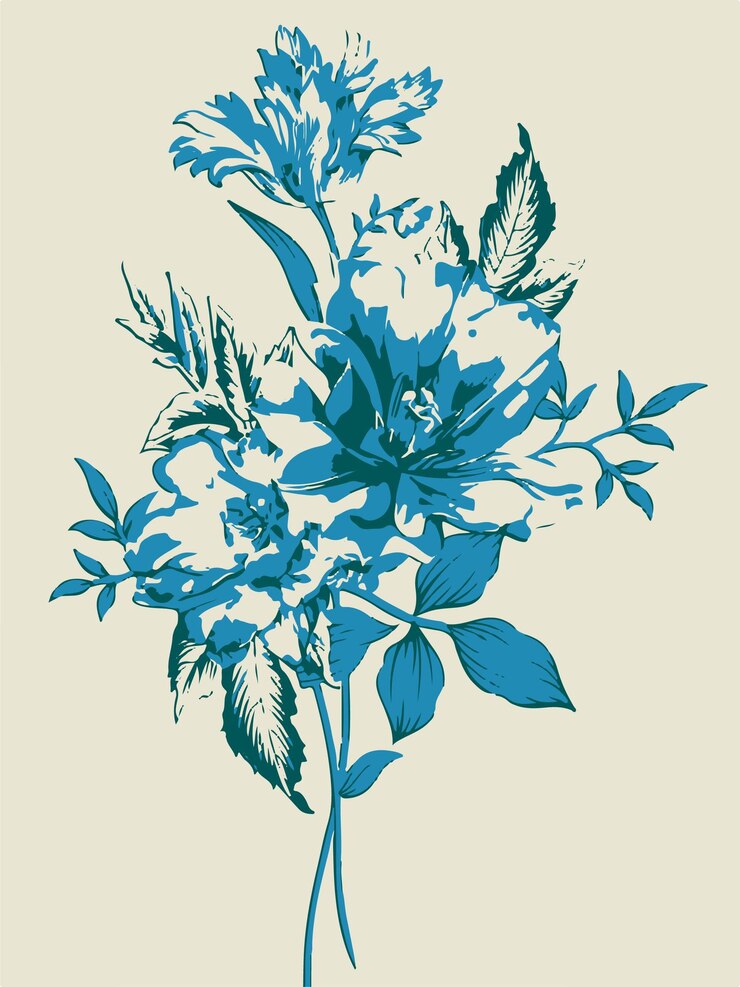 una flor azul con hojas azules y la palabra primavera en azul
