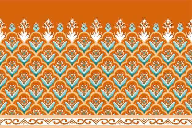 Flor azul en marrón anaranjado Patrón oriental étnico geométrico tradicional Diseño para fondo alfombra papel tapiz ropa envoltura Batik tela vector ilustración bordado estilo