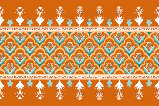 Flor azul en marrón anaranjado Patrón oriental étnico geométrico tradicional Diseño para fondo alfombra papel tapiz ropa envoltura Batik tela vector ilustración bordado estilo