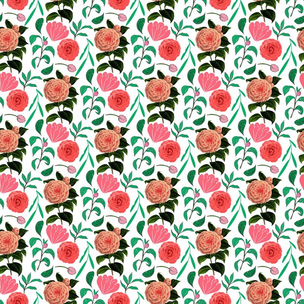 Flor de camelia y hojas con brotes Diseño de patrones sin fisuras