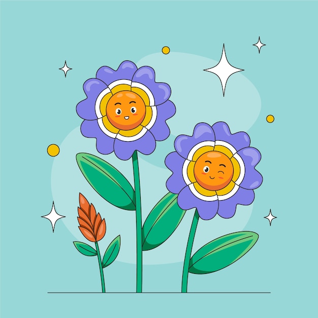 Flor de cara sonriente de diseño plano dibujado a mano