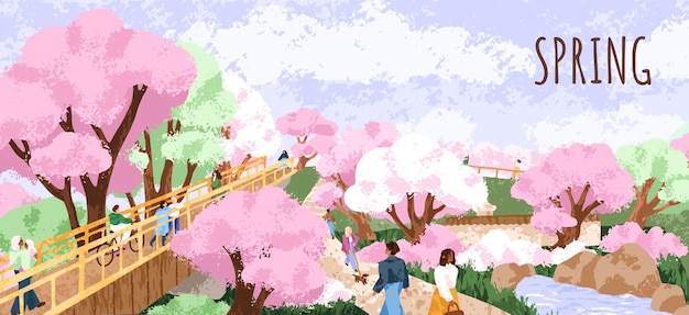 Vector flor de cereza de primavera japón fondo del paisaje del parque árboles florales en flor flores rosadas exuberantes sakura en la naturaleza gente caminando temporada de hanami japonesa vacaciones de primavera ilustración vectorial plana