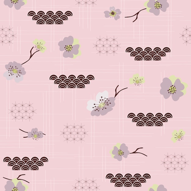 Flor de cerezo floral de patrones sin fisuras flores rosadas primavera japonesa sakura cereza Vector dibujado a mano