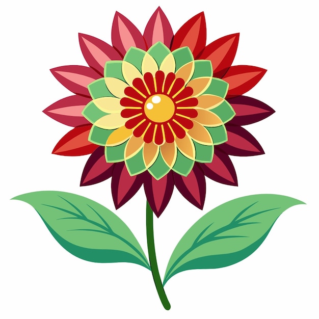 una flor colorida con un centro amarillo y hojas rojas y verdes