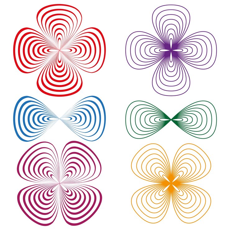 Vector flor cuadrada verde pétalos de naranja rojo sombros azules púrpuras ilustración vectorial