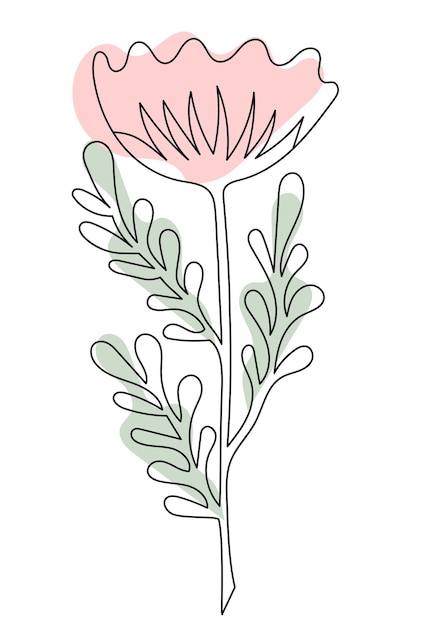 Flor dibujada en el estilo de una sola línea hermosa flor en una línea continua con manchas de colores