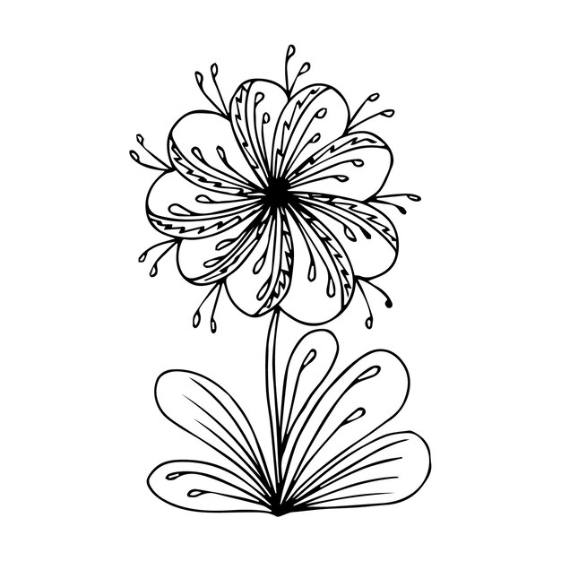 Flor dibujada a mano elemento de garabato único para colorear imagen vectorial en blanco y negro