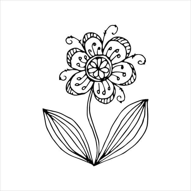 Flor dibujada a mano elemento de garabato único para colorear imagen vectorial en blanco y negro