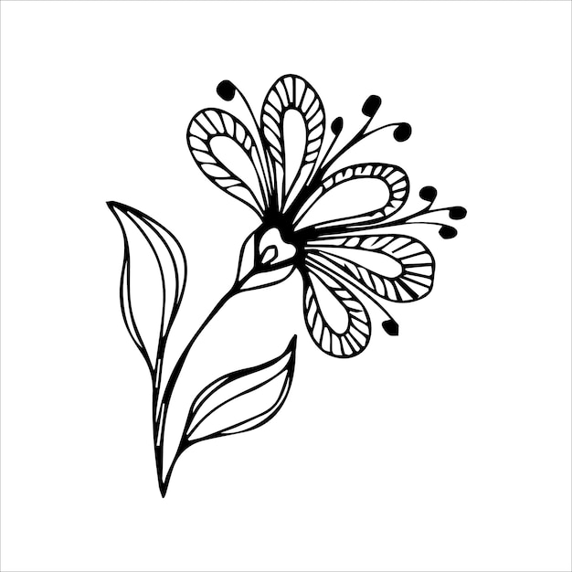 Flor dibujada a mano elemento de garabato único para colorear imagen vectorial en blanco y negro