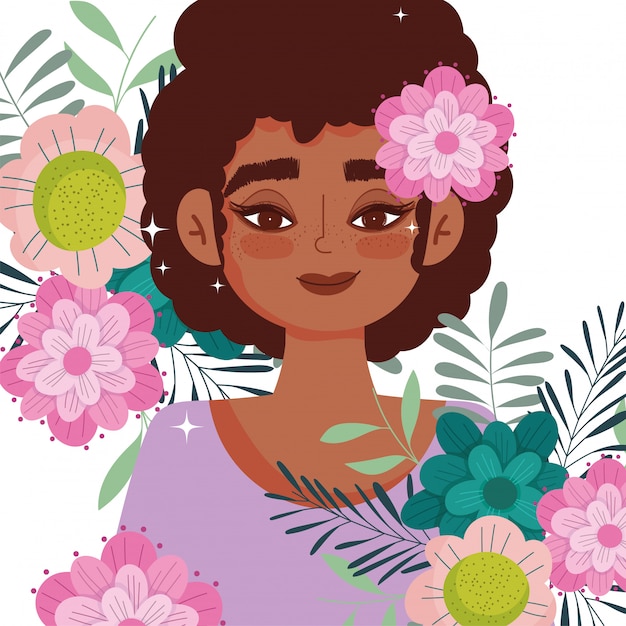 Flor de dibujos animados de mujer afroamericana en la ilustración de vector de retrato de follaje de cabeza