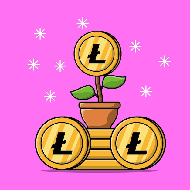 Flor dinero de pie en el apilamiento de monedas de oro litecoin aislado ilustración de dibujos animados plana