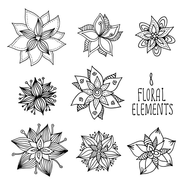 Flor doodle elementos colección vector dibujado a mano conjunto floral ilustración