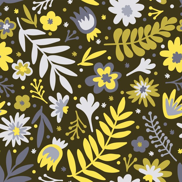 Flor escandinavo garabato de patrones sin fisuras con coloridas flores y hojas Scandi aislado