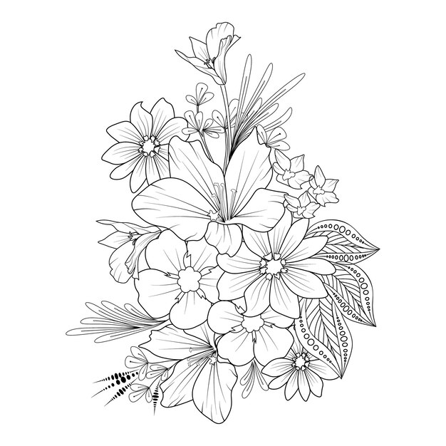 Flores decorativas de fideos en blanco y negro para colorear libro