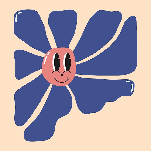 Flor de garabato con cara sonriente divertida de dibujos animados, personaje retro margarita. Linda emoción feliz floral