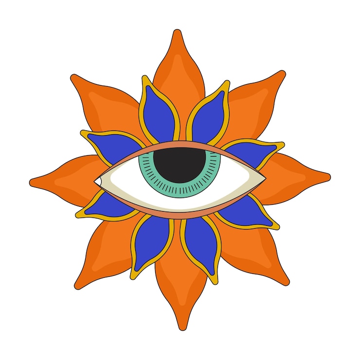 Vector flor del globo ocular esotérico objeto de dibujos animados lineal 2d espiritualidad flor misteriosa imaginación elemento vectorial de línea aislada fondo blanco alucinación de fantasía ilustración de punto plano en color