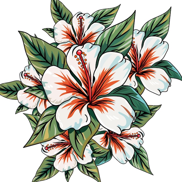 flor de hibisco vectorial y hojas en estilo colorido dibujado a mano