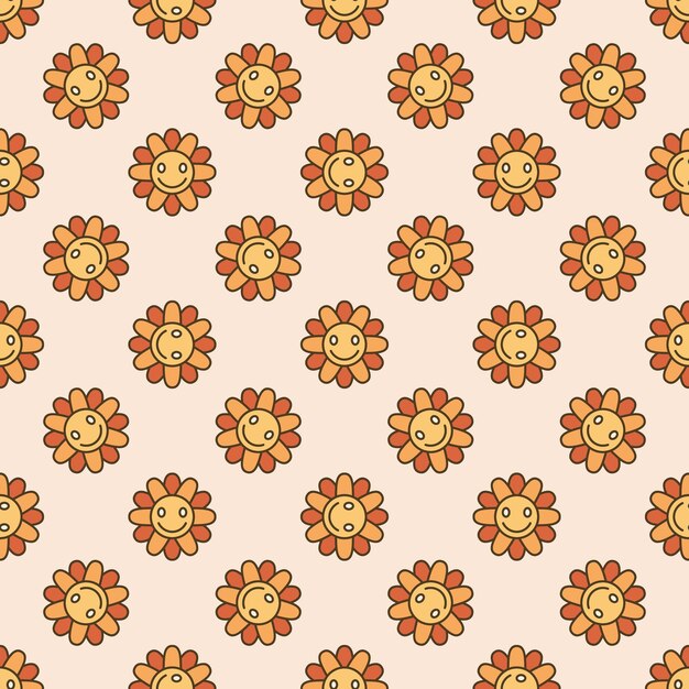 Flor hippie con lindo rostro sonriente vector estilo hippie retro de color con patrón sin costura
