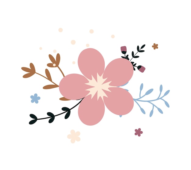 Flor con hojas ramo floral Vector flores Primavera arte Feliz Pascua Mujer Día elemento Estilo popular Carteles para las vacaciones de primavera aisladas sobre fondo blanco