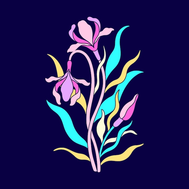 Vector flor de iris floral en art nouveau 1920-1930 estilo dibujado a mano con tejidos de líneas hojas y flores