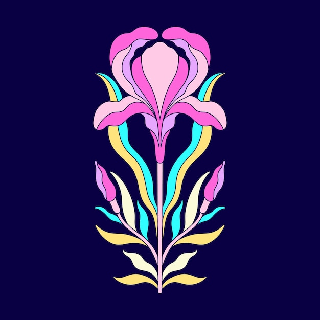 Flor de iris floral en art nouveau 1920-1930 estilo dibujado a mano con tejidos de líneas hojas y flores