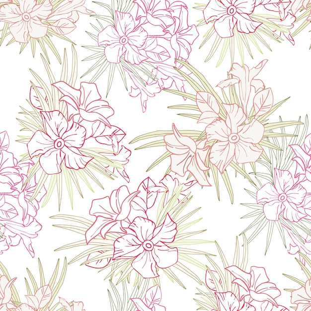 Flor de jazmín y hojas de palma arte de línea patrón sin costuras para libro de recortes textiles o papel tapiz delicado
