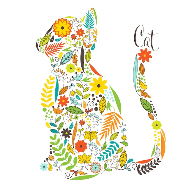 Flor linda floral en forma de gato. ilustración de animales y naturaleza sobre fondo blanco