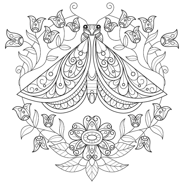 Flor linda y mariposa dibujada a mano para libro de colorear para adultos