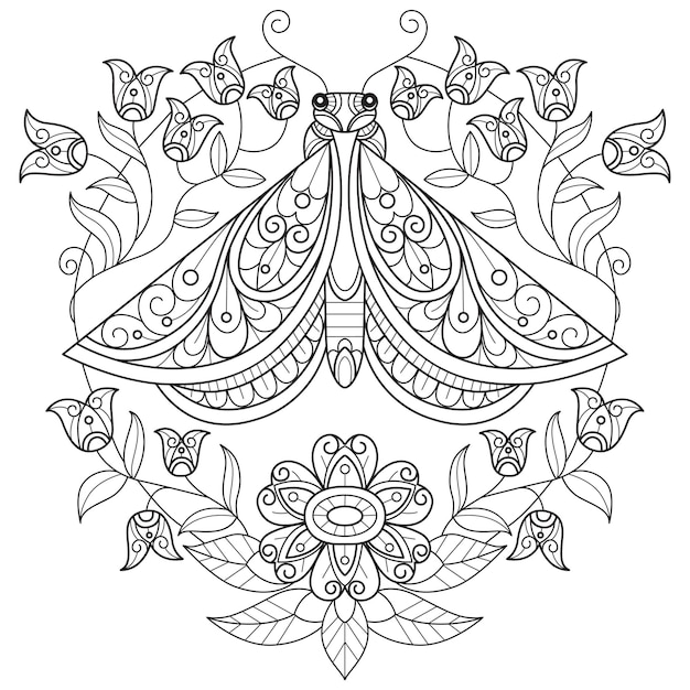 Vector flor linda y mariposa dibujada a mano para libro de colorear para adultos