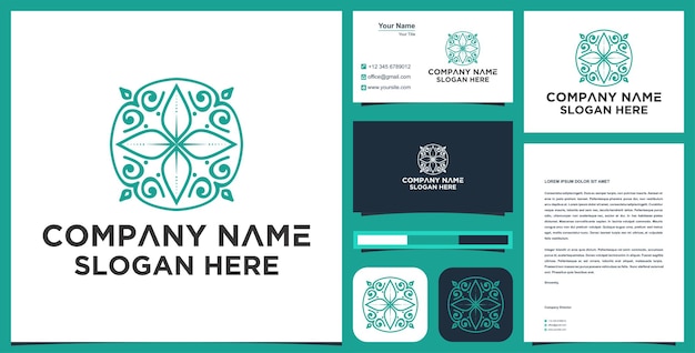 Flor Line art logo mandala y diseño de tarjeta de visita Vector Premium