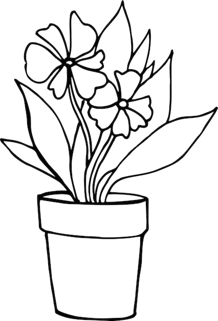 Flor en la línea de la casa de la olla arte boceto en blanco y negro ilustración de dibujo a mano